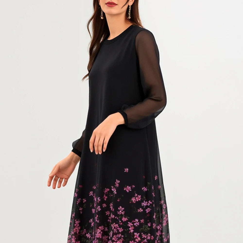 Rafiah Women's Dresses Summer Comfortable Elegant 2025 Ditsy Floral Hem Long Sleeve Round Neck A-Line Midi Vacation Dresses 0
