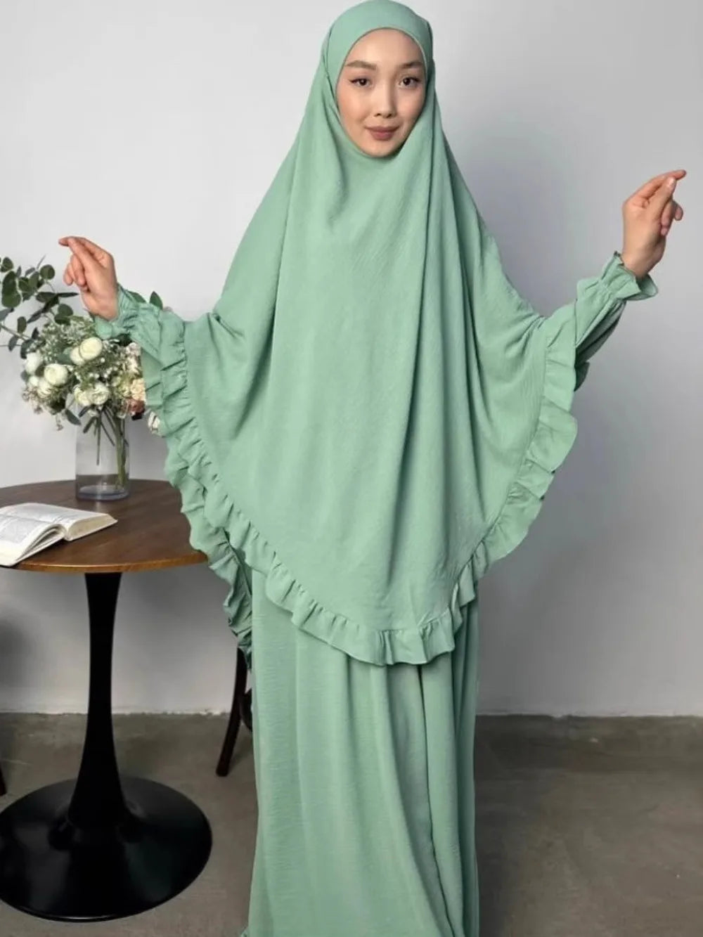 Ramadan Long Khimar with Dress Hijab Eid Muslim Headcarf Women Jilbab 2 Piece Set Jubha Islamic Hijabs Musulman Prayer Garment