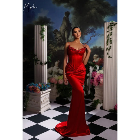 Mila Red Spaghetti Strap Prom Dress Sleeveless Satin Customized Luxurious Women Evening Dresses Sexy Mermaid vestidos de fiesta