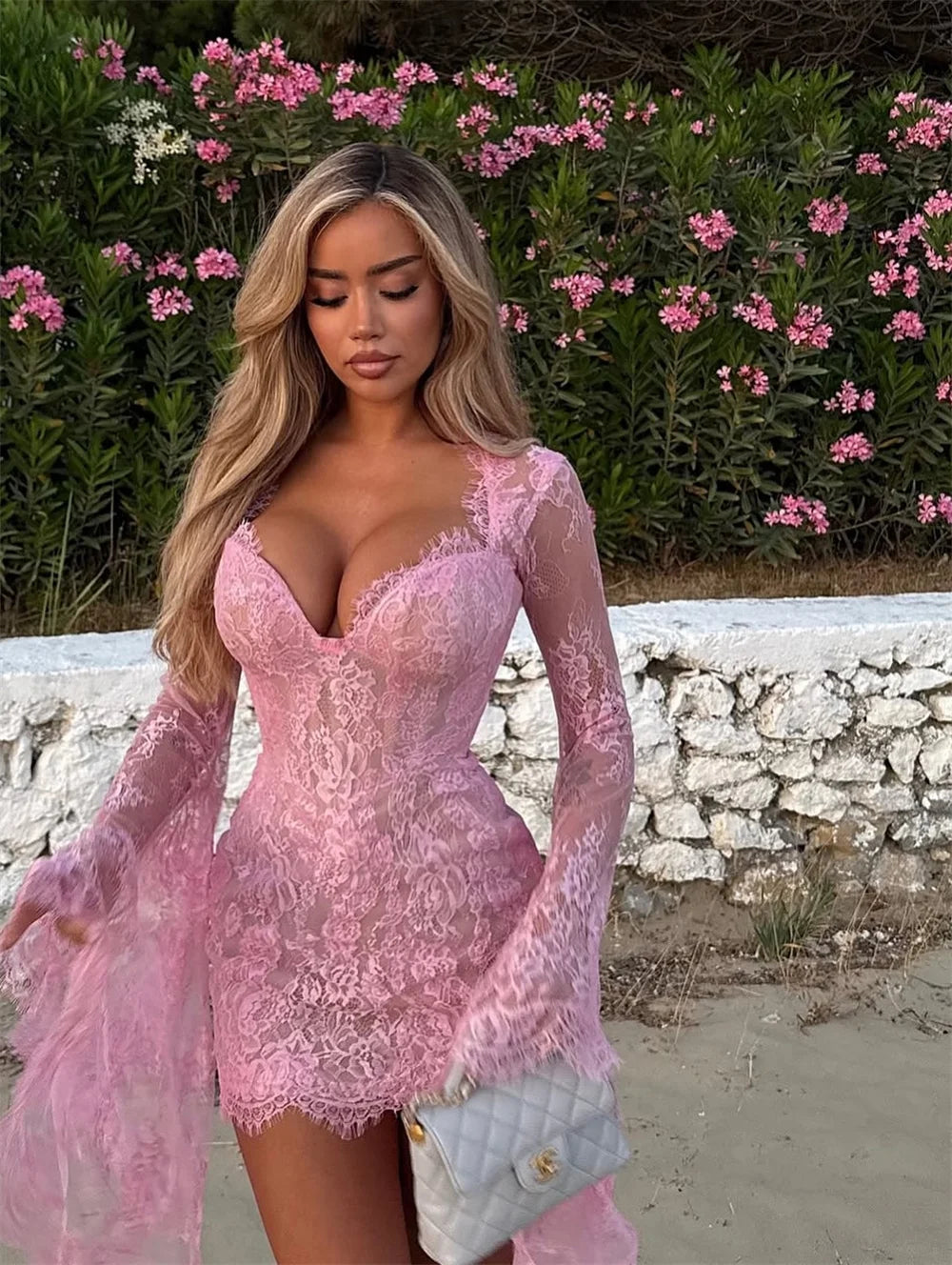 Mila Pink V-Neck Prom Dress Long Sleeves Flower Lace Customized Luxurious Women Evening Dresses Sexy Mini vestidos de fiesta
