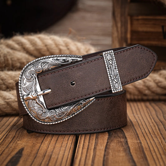 A men's and women's casual retro belt Western style! PU leather belt with metal buckle, suitable for daily work wear