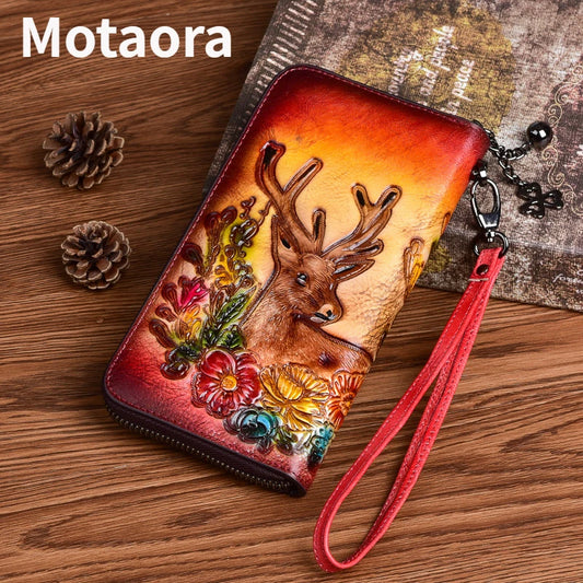 MOTAORA Vintage Women Long Wallets Deer Pattern Bag 2025 Genuine Leather Handmade Embossing Ladies Wallet Phone Bags Woman Purse