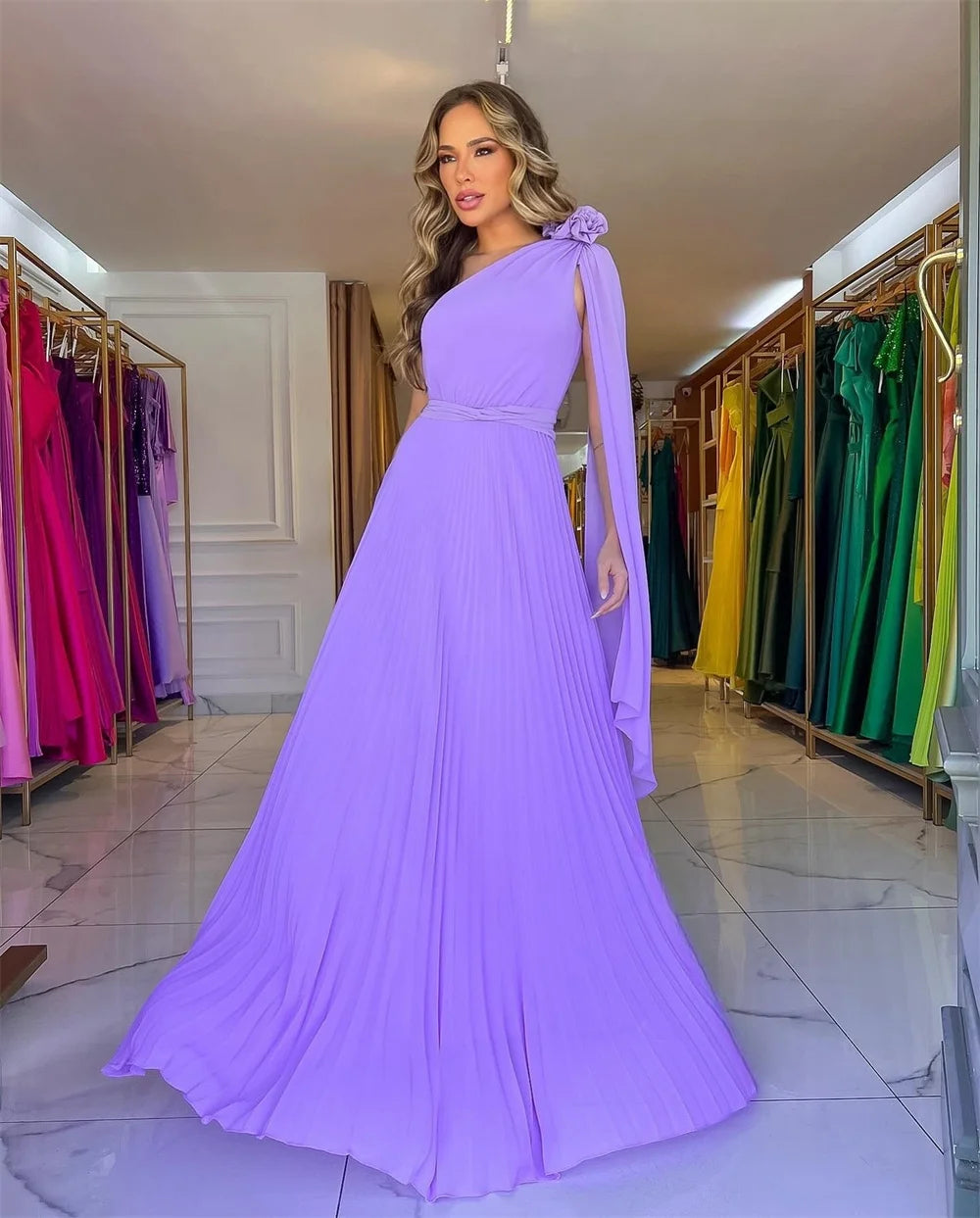 Mila Flower One Shoulder Bow Straps Prom Dresses 2025 Chiffon Elegant Evening Dresses Floor-Length Customized Party Dresses