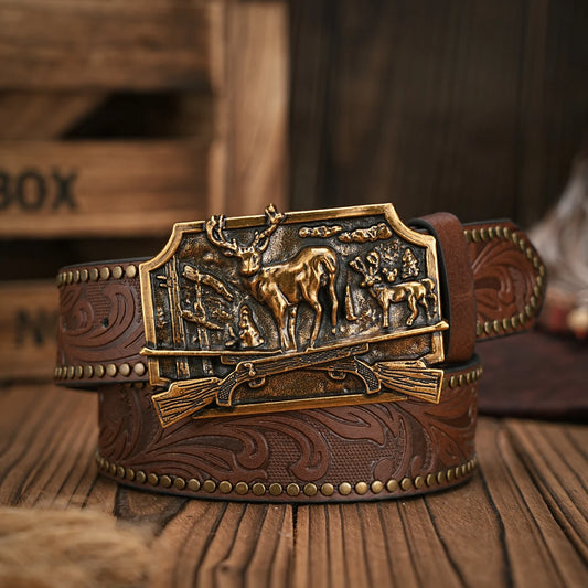 Men - Women - Western Denim - pu leather - Belt - Vintage jeans with carved buckle belt