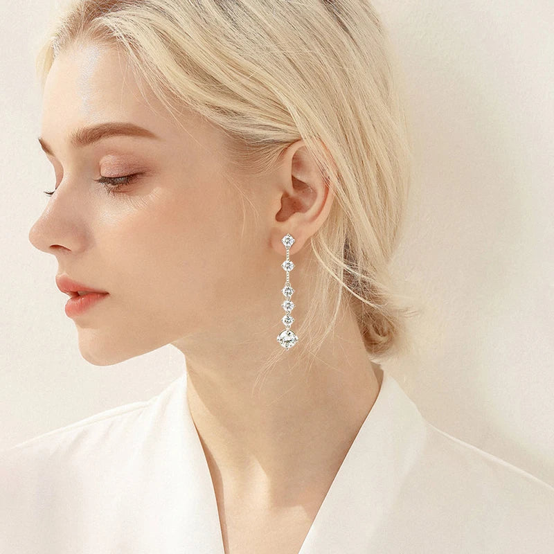 IOGOU 8MM D2.00CT Moissanite Diamond Long Drop Earrings With 5mm Zircon Real 925 Silver Jewelry Engagement Accessories for Women