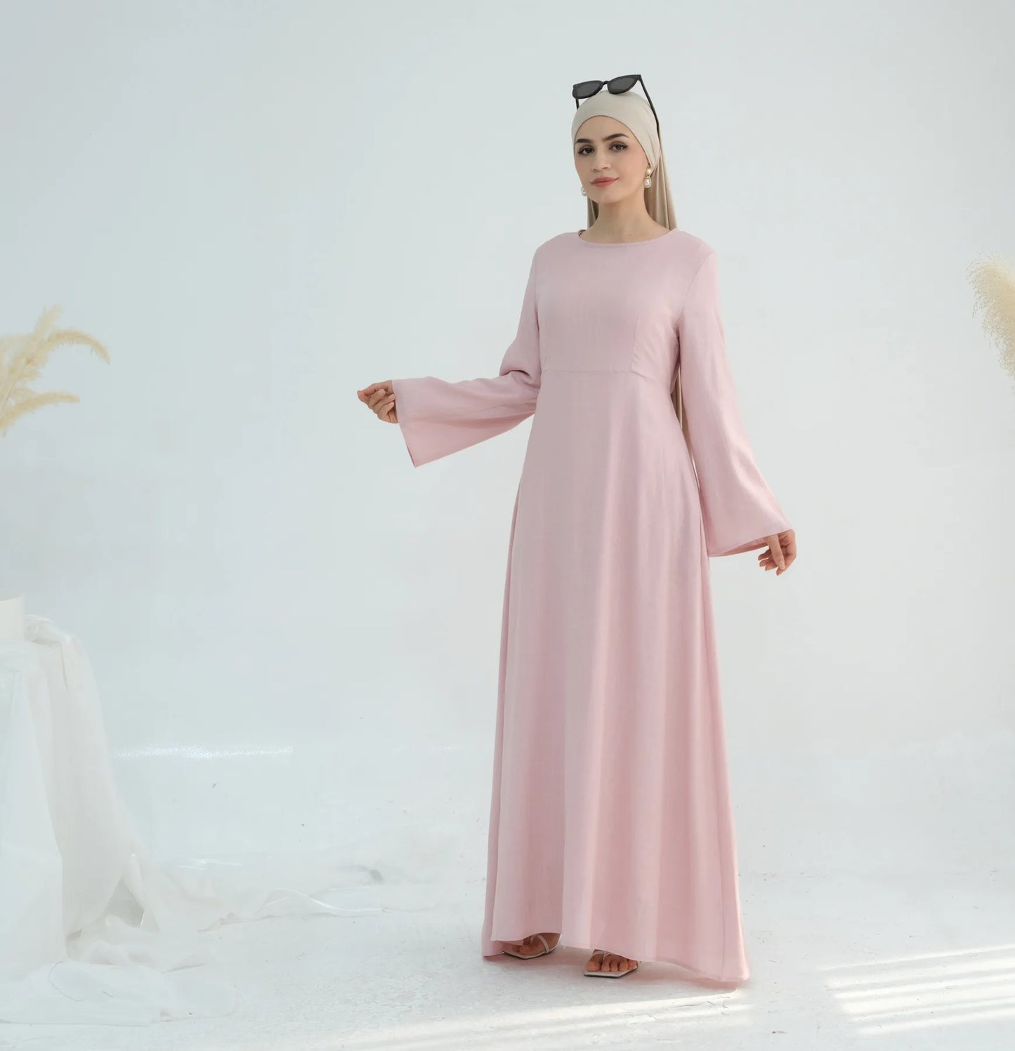 2025 Linen Pink Abaya Eid Ramadan Modest Maxi Dress Solid Color Robe Arabe Elegant Women Muslim Dresses Caftan Marocain Femme