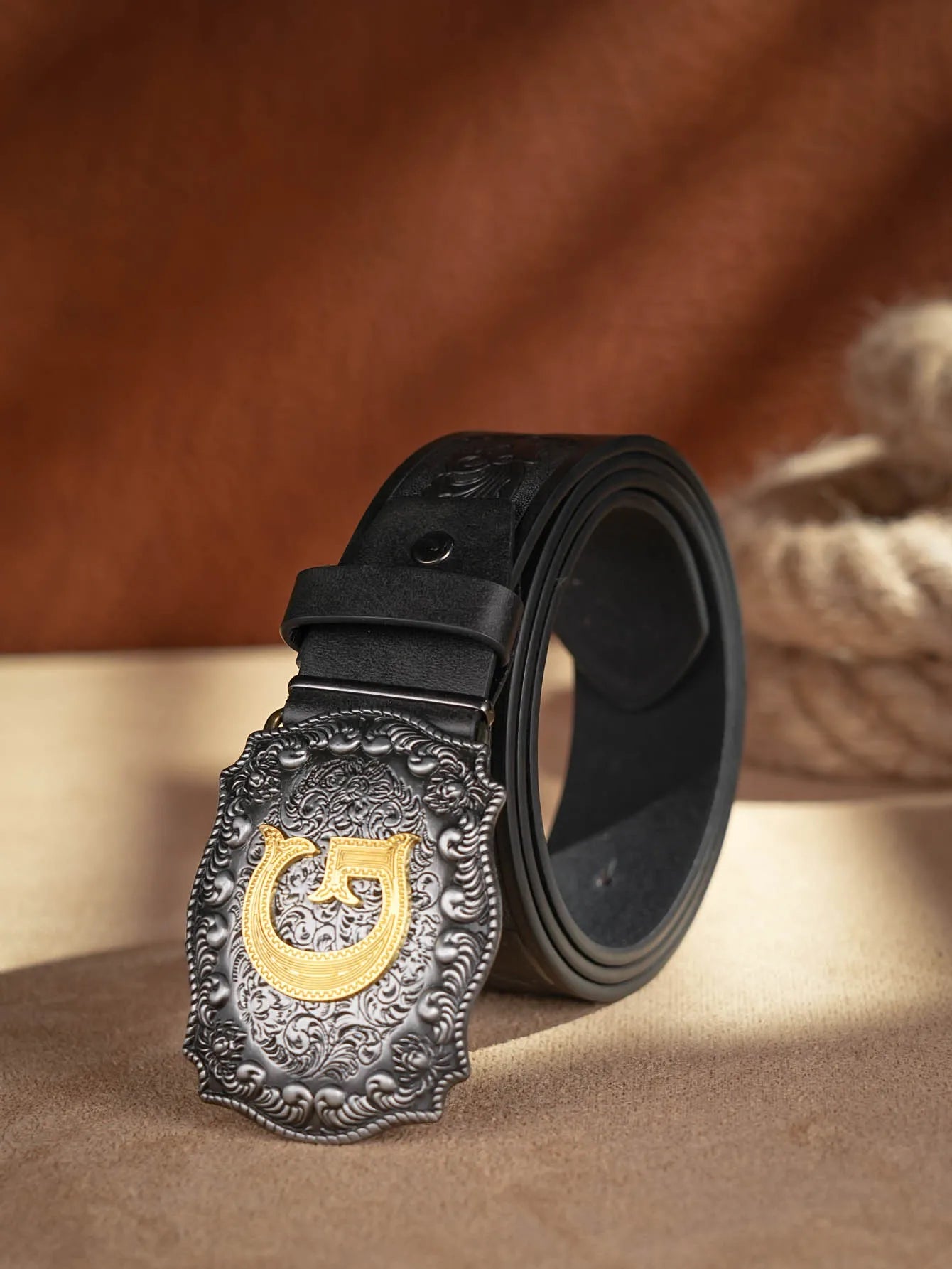 Western Cowboy PU Leather Belt - Men Waist Strap Bull Decoration Floral Engraved for Jeans