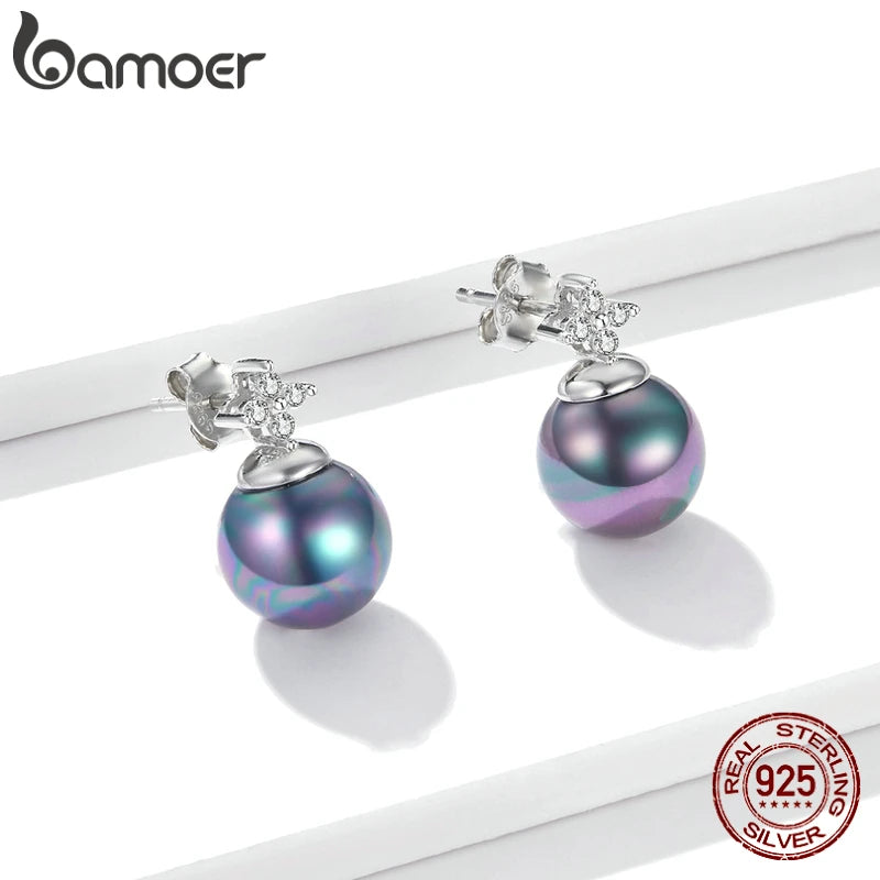 bamoer 925 Sterling Silver Elegant Black Pearl Earrings Necklace Shell Pearl Necklace Chain for Women Fine Jewelry Set BSN226