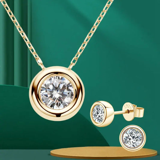 Lnngy D Color Bezel Moissanite Stud Earrings 925 Sterling Silver Pendant Necklace Earring Jewelry Set For Ladies Wedding Gift