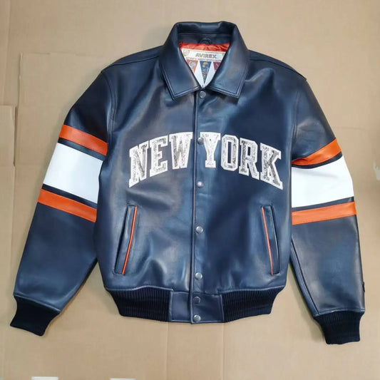 AVIREX New York Knicks co-branded men's new listing basketball pattern flight suit European antique sheepskin jacket fashion top
