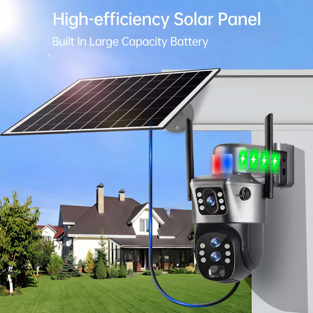 Solar Outdoor Surveillance Camera 4G Sim 6K 12MP Three Lens 10 Digital Zoom Wireless Cctv PTZ IP66 Security Solar Panel Cameras