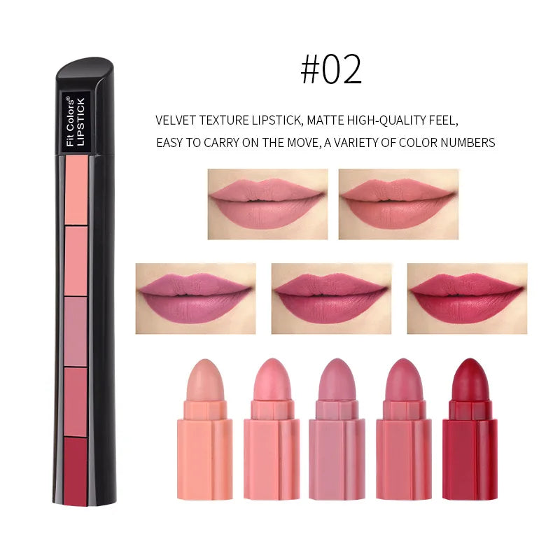 أحمر شفاه Fit Colors Matte بخمسة ألوان، مزيج من خمسة أقسام من Velvet Mist مع لون أحمر شفاه غير لاصق في كوب