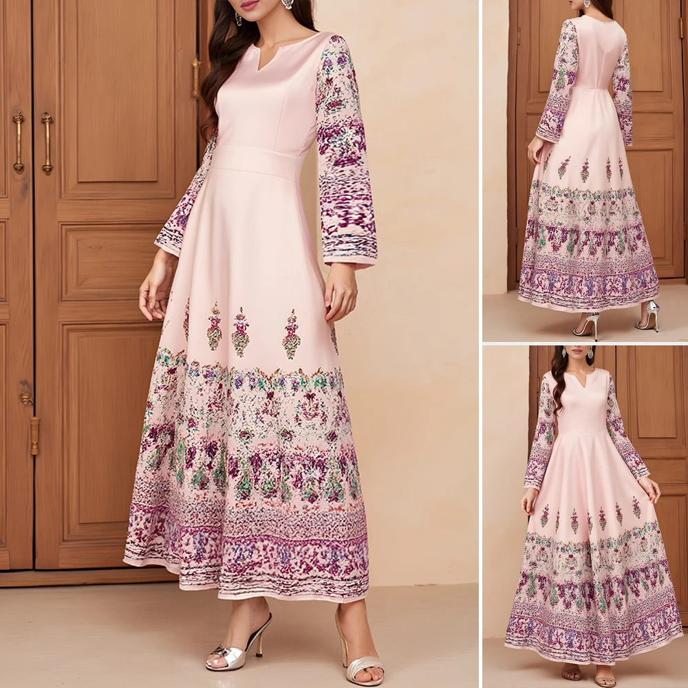 Rafiah Women's Dresses Summer Elegant Decent Fashion 2025 Traditional Print Long Sleeve V-Neck Maxi A Line Casual Long Dress