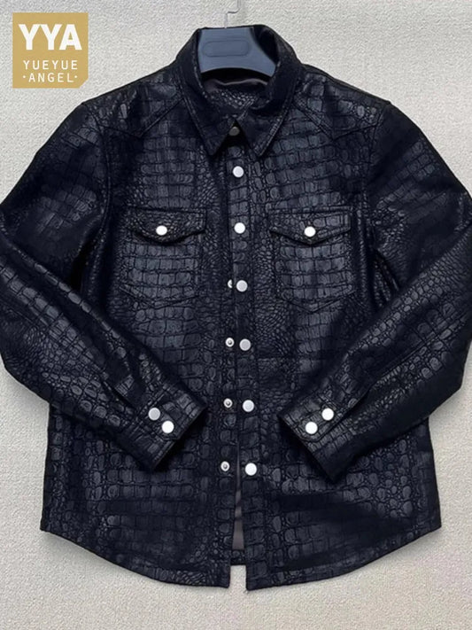 Soft Alligator Pattern Sheepskin Genuine Leather Jacket Men Slim Fit Single Breasted Business Casual Work Natural Leather Tops
