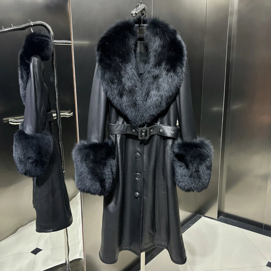 Black Leather Jacket With Fox Fur Collar Real Sheepskin Long Leather Jackets Leather Jacket Women 2025 Winter