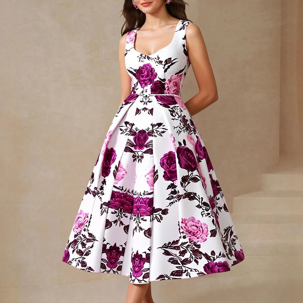 Rafiah Women's Dresses Summer Elegant Fashion 2025 Floral Decent Sleeveless V-Neck Midi Sweet Dating Long Dresses