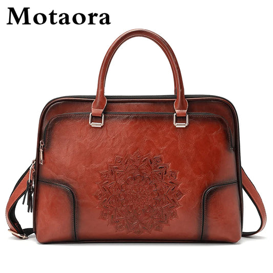MOTAORA Genuine Leather Tote Bag for Women Embossed Cowhide Work Laptop Computer Bag Durable Office Handbag Stylish Purse