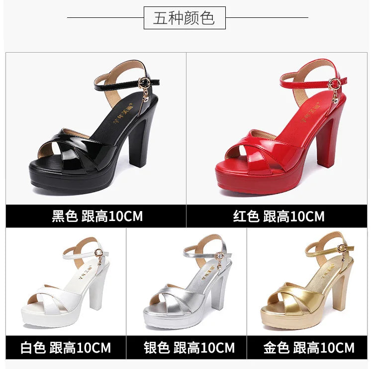 Women’s High Heel Summer Leather Sandals – 10 cm Spike Heel with Platform, Open Toe