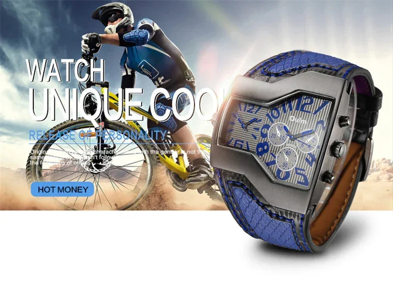 Oulm 1220 Luxury Brand Watch Retro Design Male Sport Wristwatch Leather Strap Watches Men's Two Time Zone Big Dial Quartz Clock
