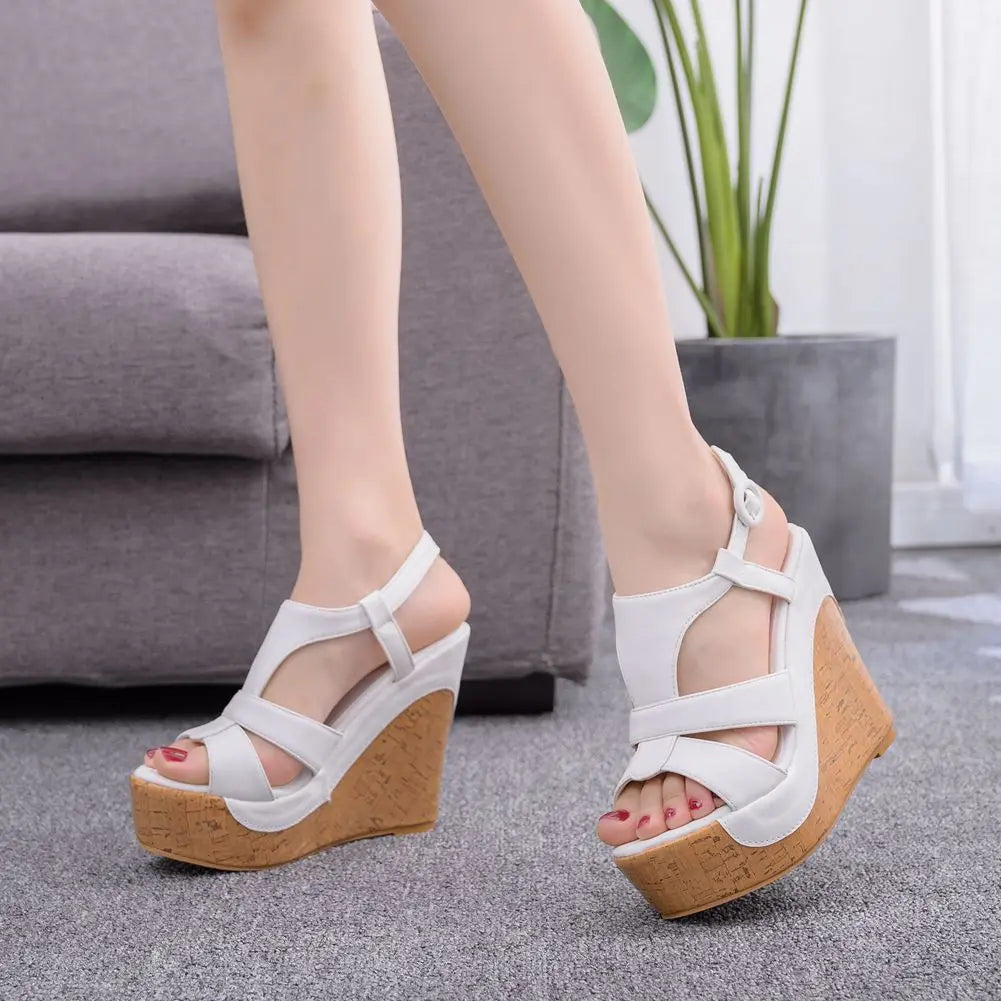 Women’s Summer Flock Sandals – 12CM Wedge Heels with Buckle Strap, White