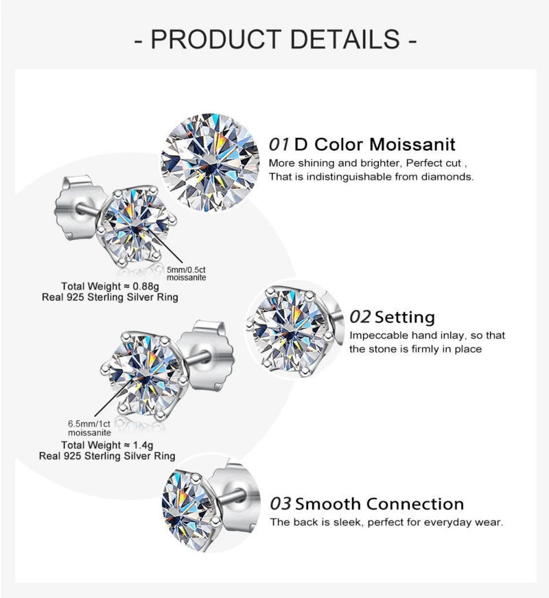 JoyceJelly 1/2/4CT VVS D Color Moissanite Russian Cut 8H8A Lab Diamond Stud Earrings For Women S925 Sterling Silver Fine Jewelry