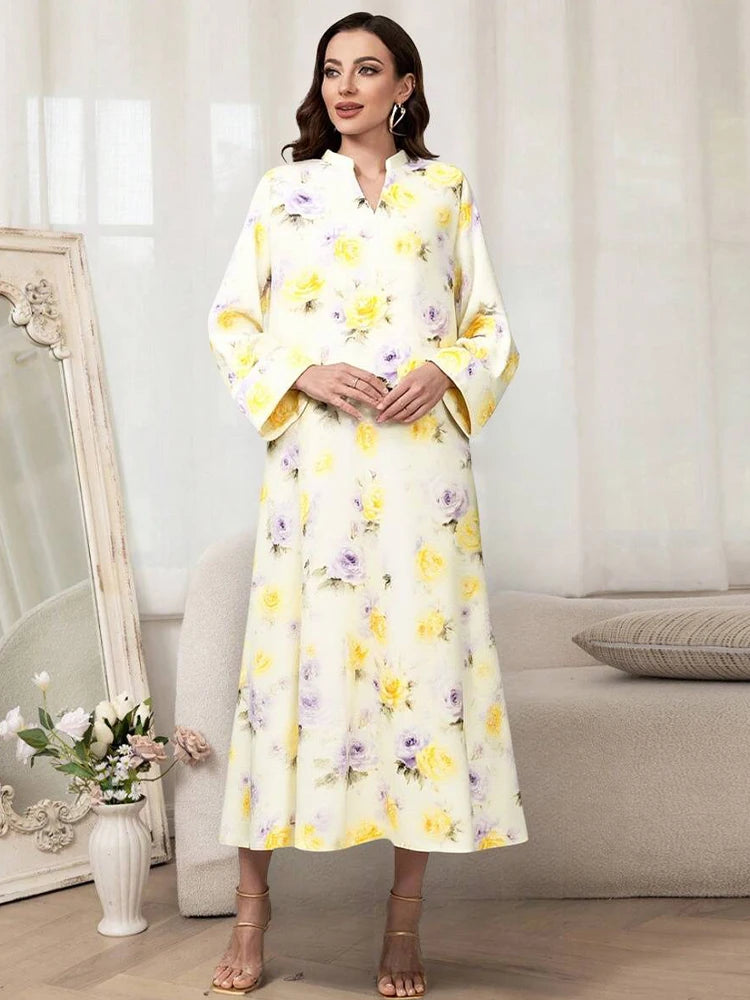 Rafiah Women's Even Dress Arabian 2025 Summer Elegant Contrast Color Flower Print Long Flare Sleeve Half Open Collar Long Dress