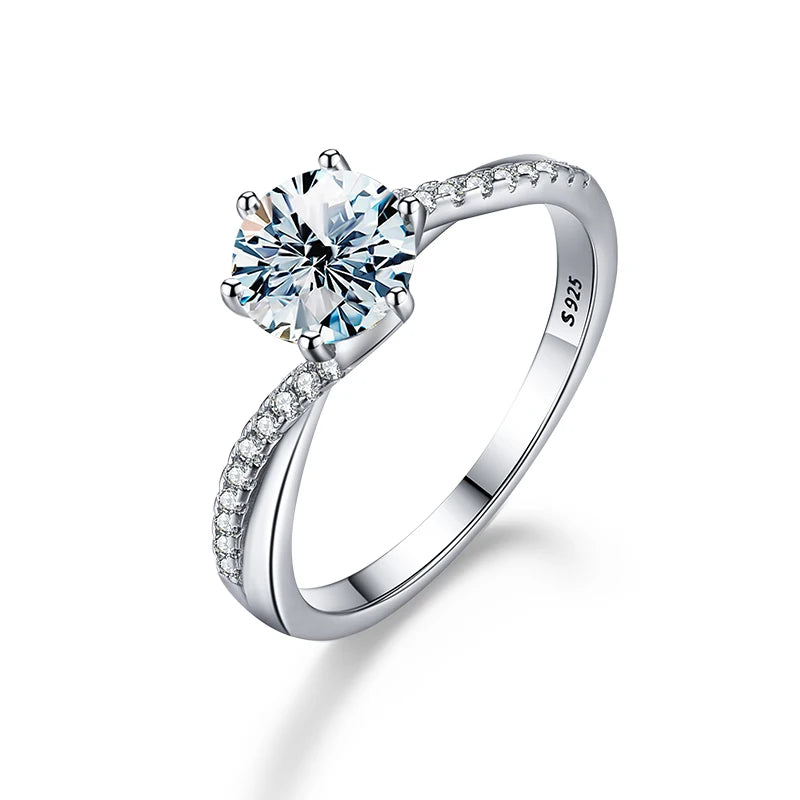 GRA Luxury 1ct D Color Twisted Arm Classic 6 Prong Shiny Moissanite Diamond Rings for Women 925 Sterling Silver Fine Jewelry