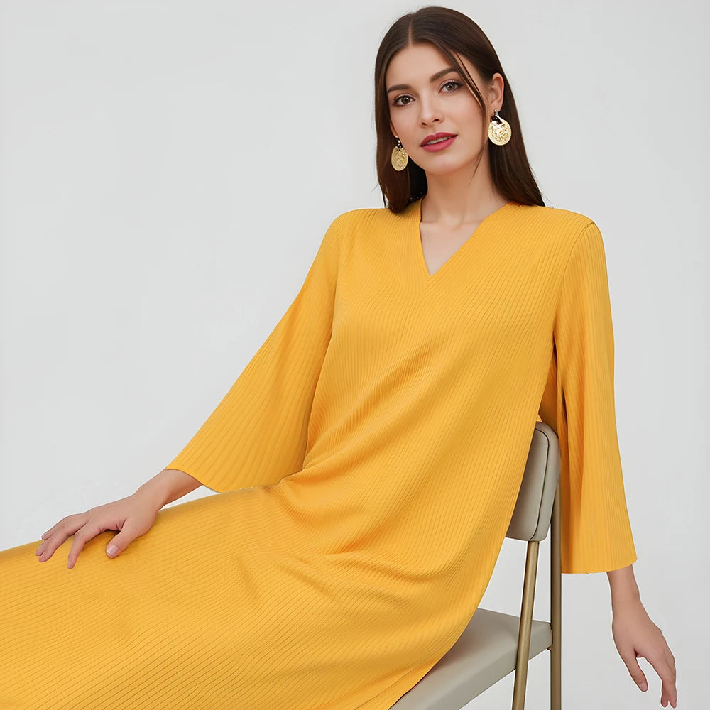 Rafiah Women's Dresses Summer Elegant Decent 2025 Plain Simple Long Sleeve V-Neck Midi A Line Casual Long Dress