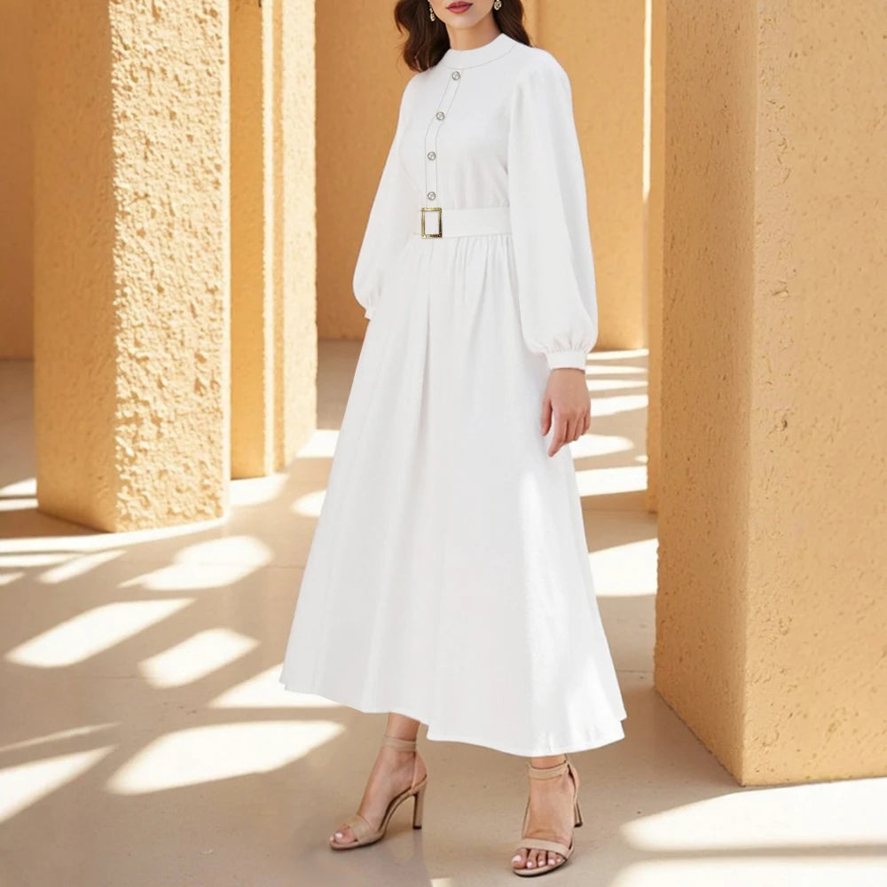 Rafiah Summer Dress 2025 Women's Decent Plain Long Sleeve Crew Neck High Waist A-Line Office Lady Long Arabian Dress