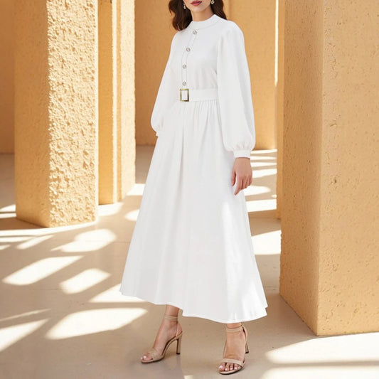Rafiah Summer Dress 2025 Women's Decent Plain Long Sleeve Crew Neck High Waist A-Line Office Lady Long Arabian Dress