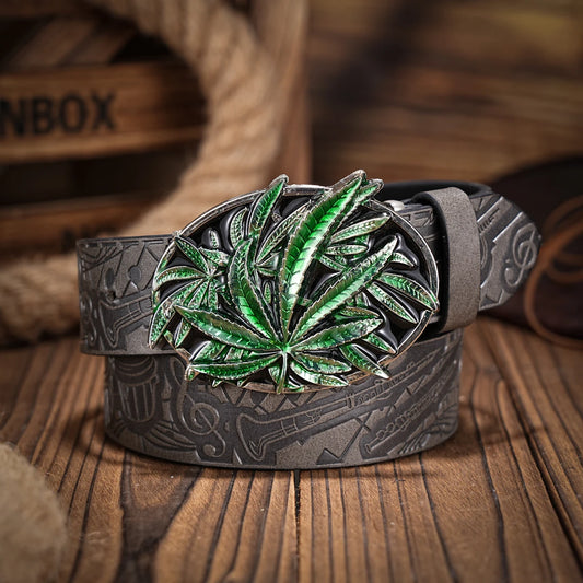 Western denim PU Belt - men's decorative printed carved denim waistband
