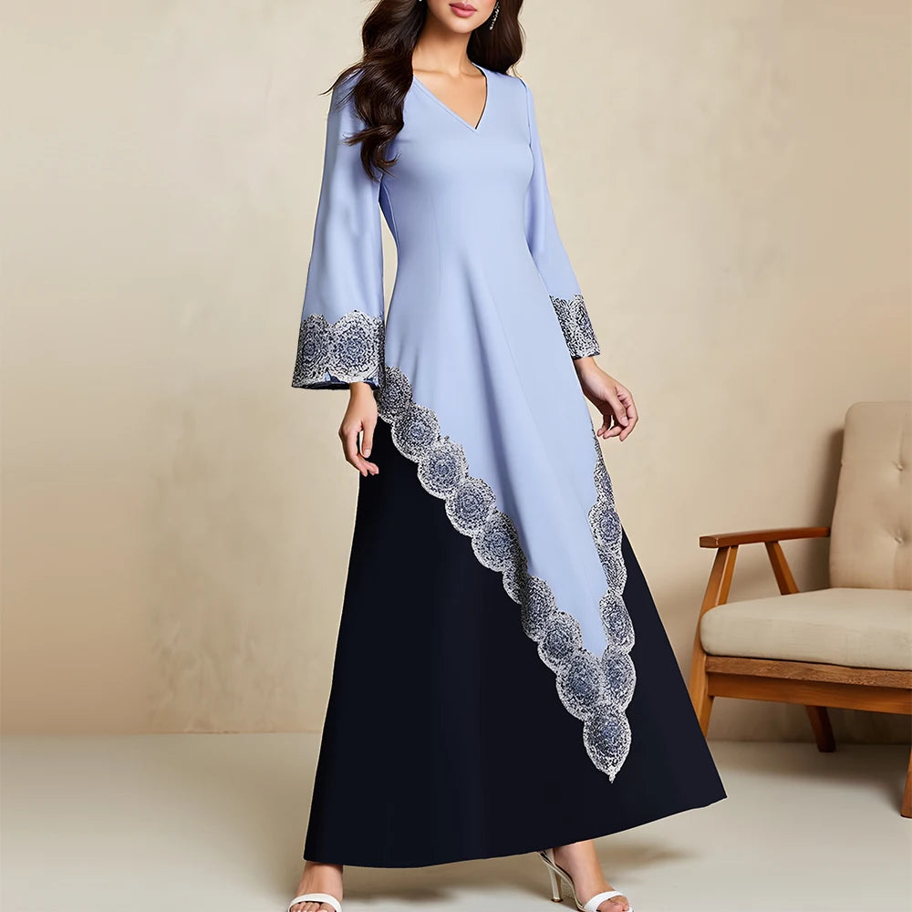 Rafiah Summer Dresses 2025 Women's Elegant Patchwork Long Flare Sleeve V-Neck Midi A-Line Basics Arabian Dress