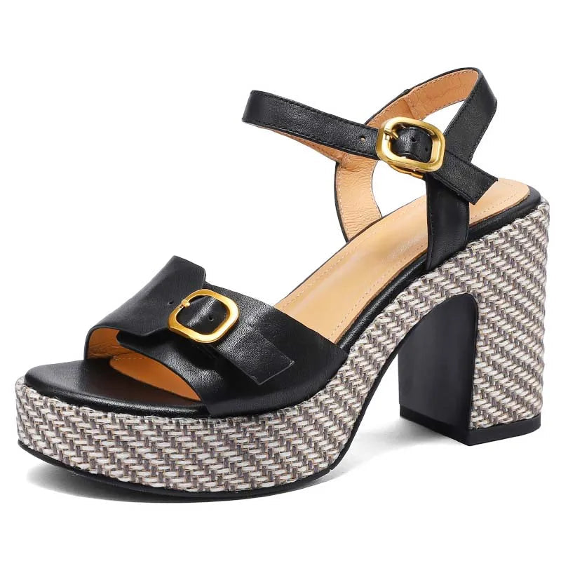 GrabliWorld Women’s Genuine Leather Peep Toe Wedge Sandals Platform Summer Shoes Plus Size 41-42