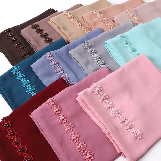 Muslim Hijab Plain Bubble Chiffon Long Scarf for Women Beading Lace Headscarf Arab Shawls African Hair Cover Wraps New Fashion