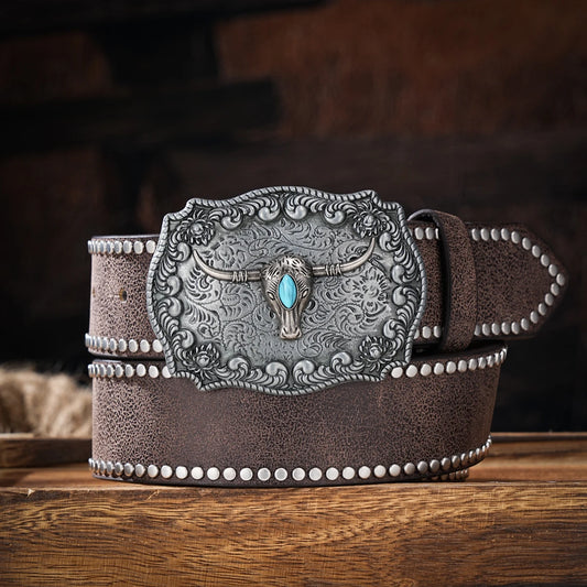 Men & Women-Western-Cowboy-PU Leather-Belts - Vintage horse Belt Floral Engraved Buckle Belt for Jeans