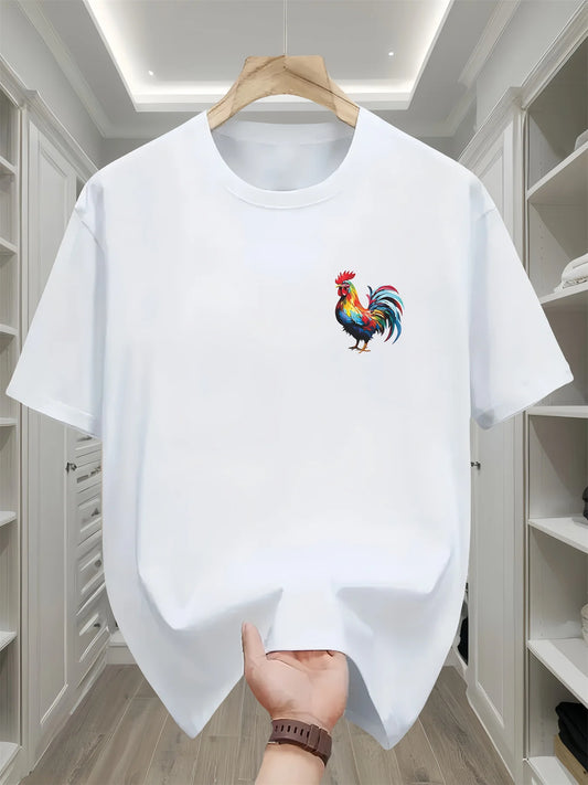 Men's summer 100% pure cotton fashionable casual loose sports bright rooster print round neck short sleeved T-shirt top