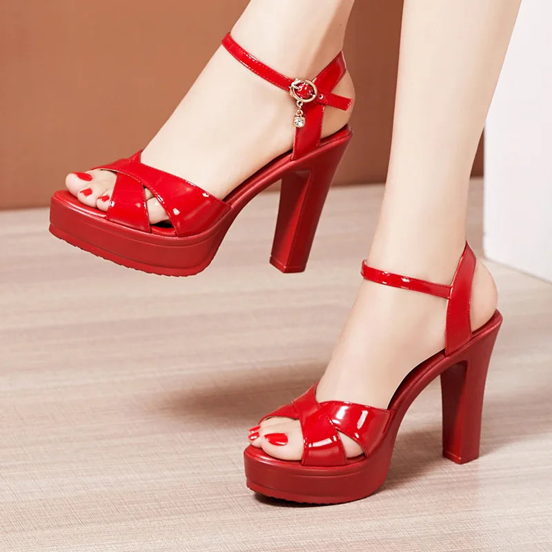 Women’s High Heel Summer Leather Sandals – 10 cm Spike Heel with Platform, Open Toe