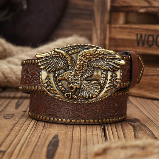 Men - Women - Western Denim - pu leather - Belt - Vintage jeans with needle buckle brown belt