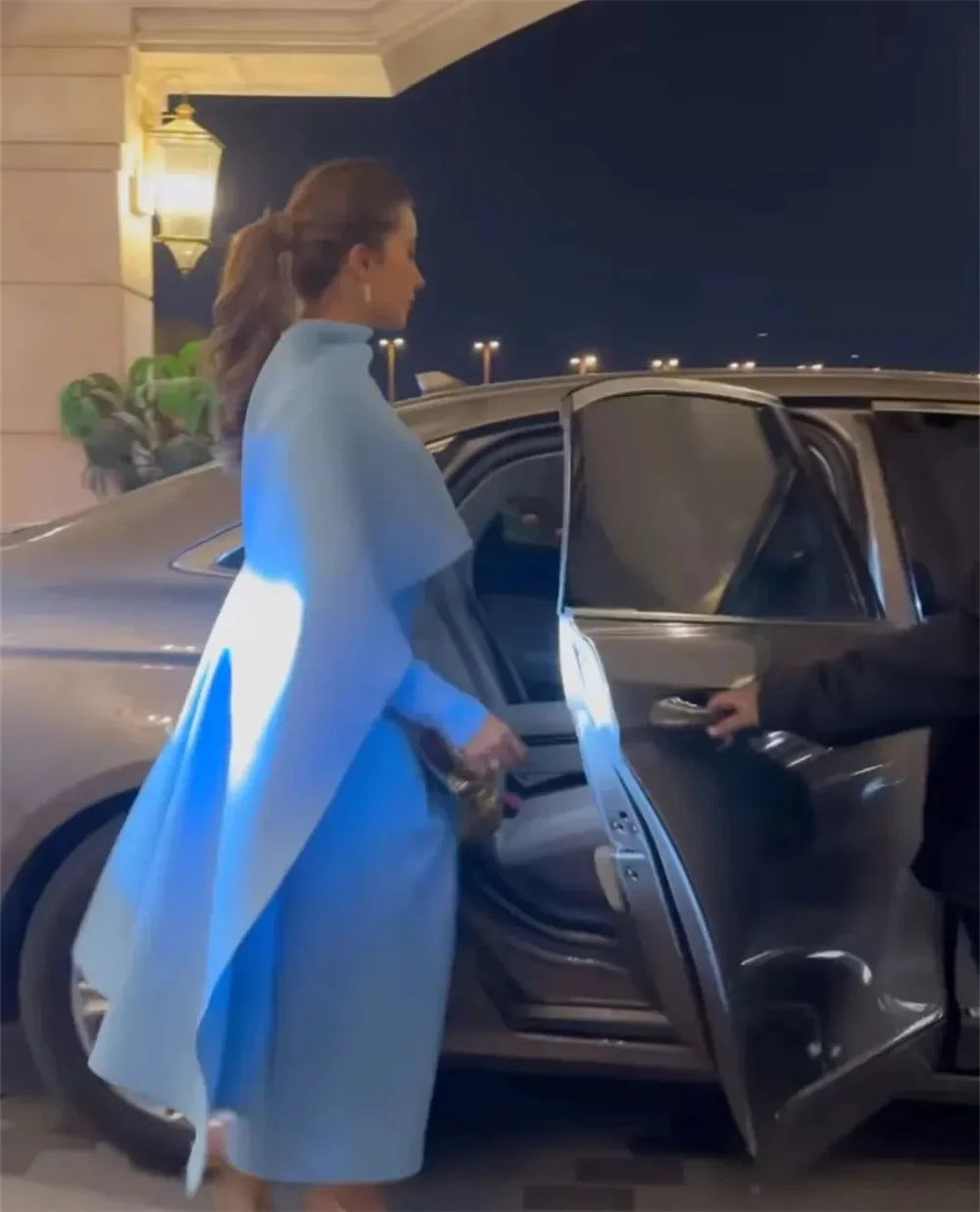 Mila Blue High Neck Long Sleeve  Party Dresses Empire Waist Satin Evening Dresses Detachable Shawl Customized Prom Dresses 2025