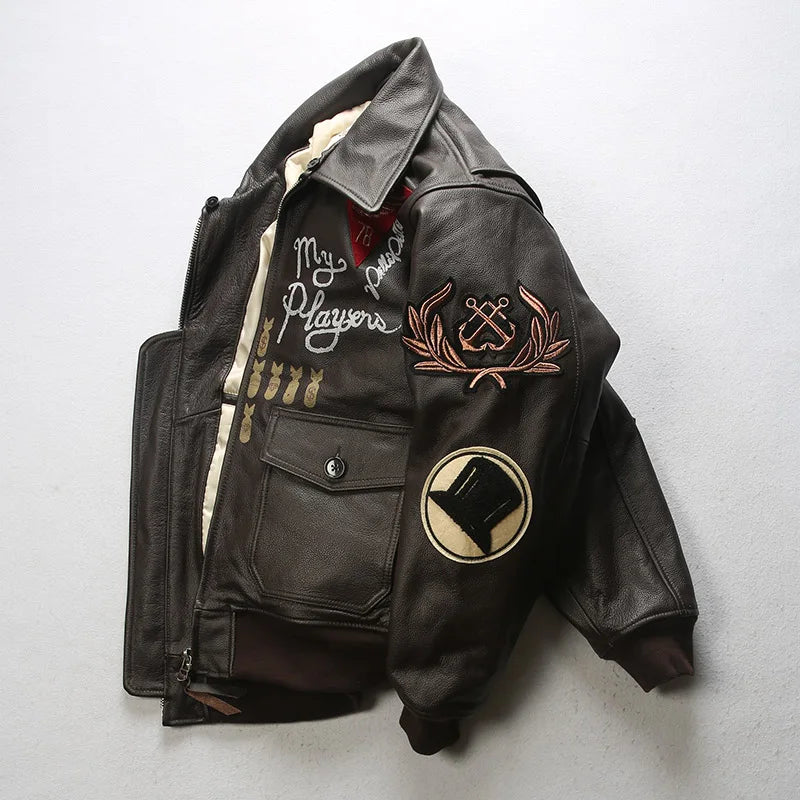 Super Fast Shipping G1 Pilot Jacket Men Removable Hair Collar Genuine Cowhide Vintage Embroidered Label Casual Leather coat TOP