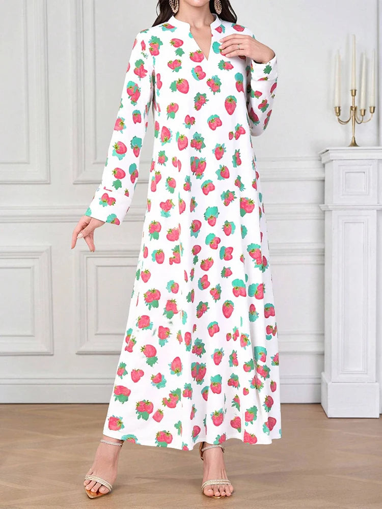 Rafiah Women's Arabian Dress Even Dress 2025 Summer Edgy Sweet Strawberry Print Long Sleeve V-Neck Loose Fit Long Dress