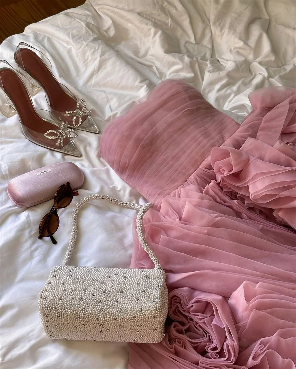 Mila Pink Strapless Boll Gown Prom Dress 3D Flower Tra-length New In Dresses Homecoming Tiered Ruffle Customized Evening Dresses