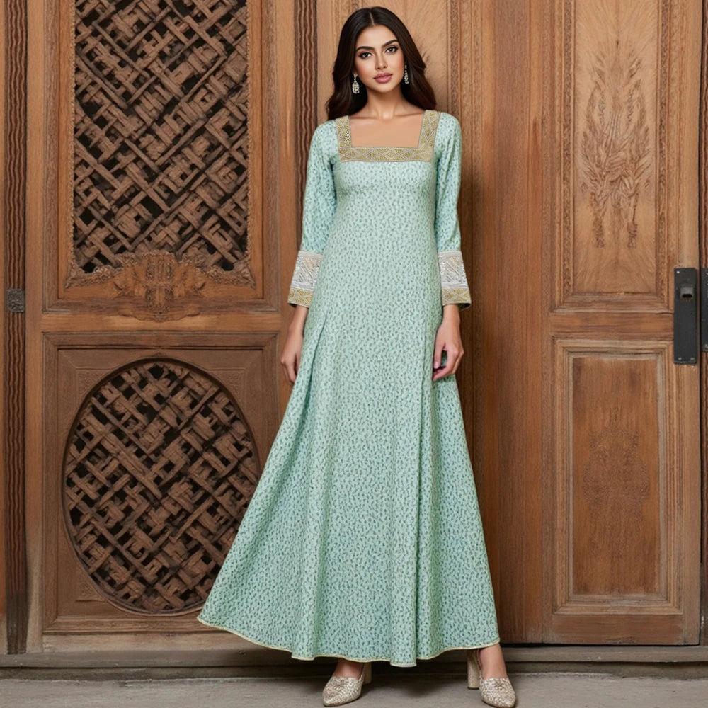 Rafiah Autumn Arabian Dress 2025 Women's Decent Full Print Long Sleeve Square Neck A-Line Daily Basic Midi Dress