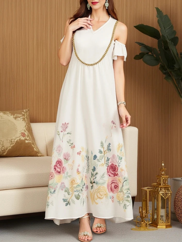 Rafiah Women's Dresses Summer Classic Decent Floral Short Sleeve V-Neck Midi Long Dress A-Line Casual Shift Dresses