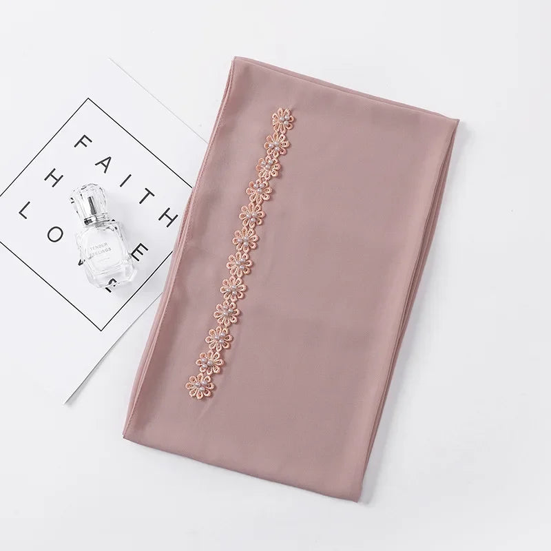 Muslim Hijab Plain Bubble Chiffon Long Scarf for Women Beading Lace Headscarf Arab Shawls African Hair Cover Wraps New Fashion