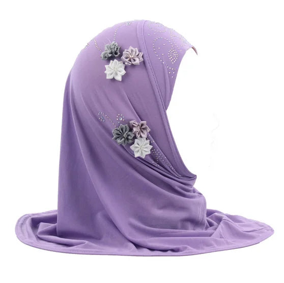 Islamic Turban for Children Arab Headwraps Arab Shawl Ramadan Eid Muslim Girls Diamonds Flowers Hijab Headband 2-6 Years