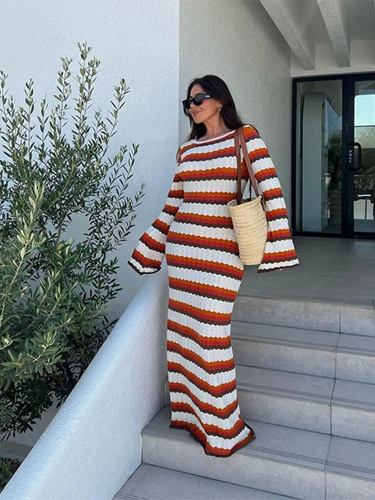 Tossy Striped Contrast Knit Maxi Dress Women Hollow Out Long Sleeve Cover up Summer Loose Ladies Dress High Waist Fashion Dress