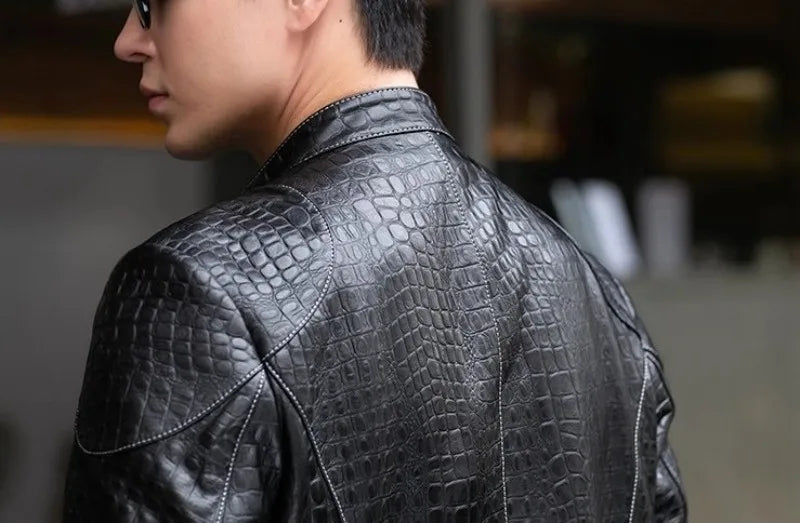 Males Luxury Natural Sheepskin Crocodile Pattern Jacket Stand Collar Slim Fit Straight Autumn Genuine Leather Motorcycle Jackets
