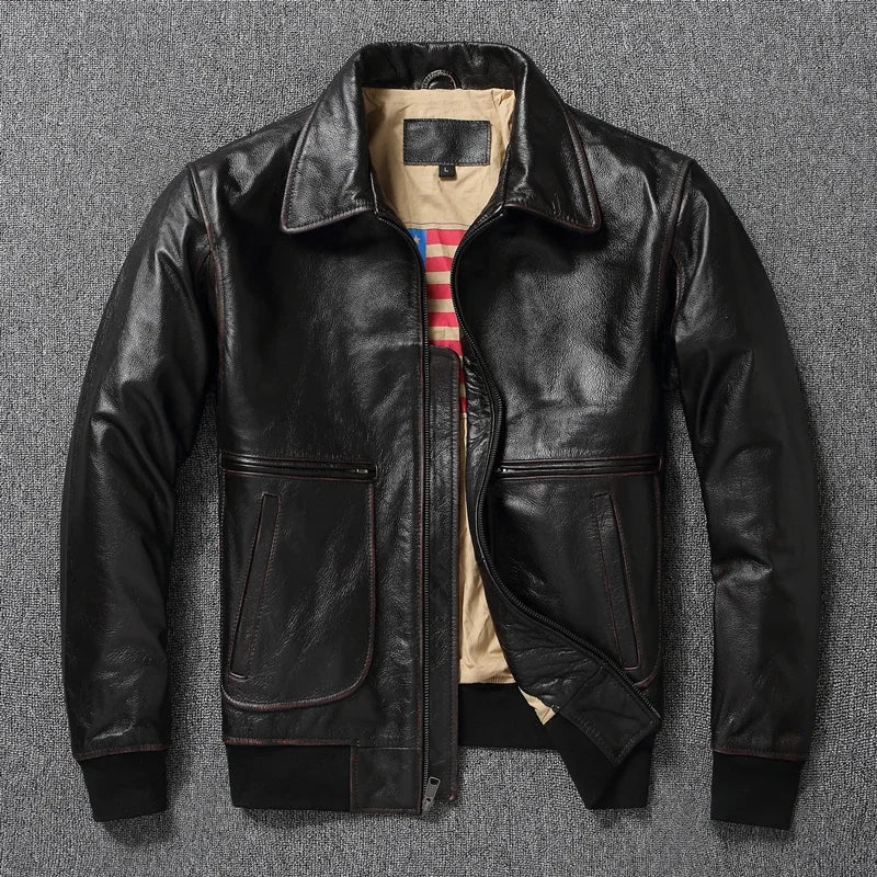 Men’s Top Layer Genuine Leather A2 Pilot Jacket – Retro Military Short Lapel Coat