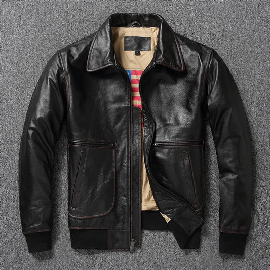 Men’s Top Layer Genuine Leather A2 Pilot Jacket – Retro Military Short Lapel Coat